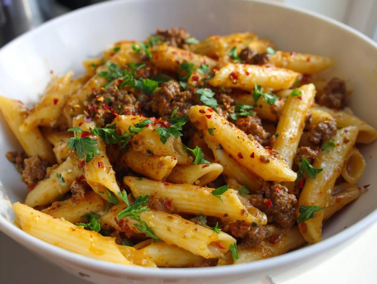 30-Mins Cheesy Penne with Garlic Butter Ground Beef Recipe