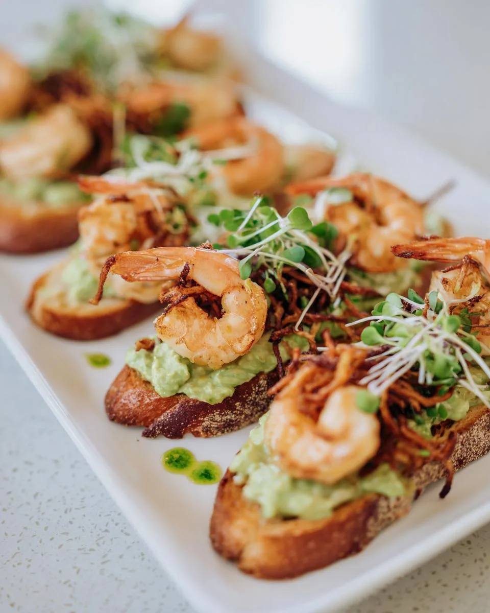 Garlic Shrimp Crostini with Avocado & Crispy Onions - detail 3