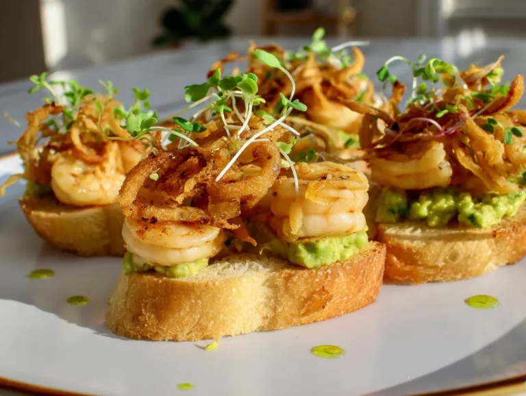 Garlic Shrimp Crostini with Avocado & Crispy Onions