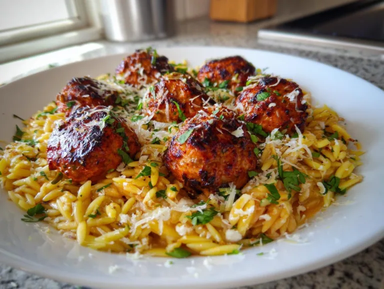 Greek Chicken Meatballs with Lemon Orzo