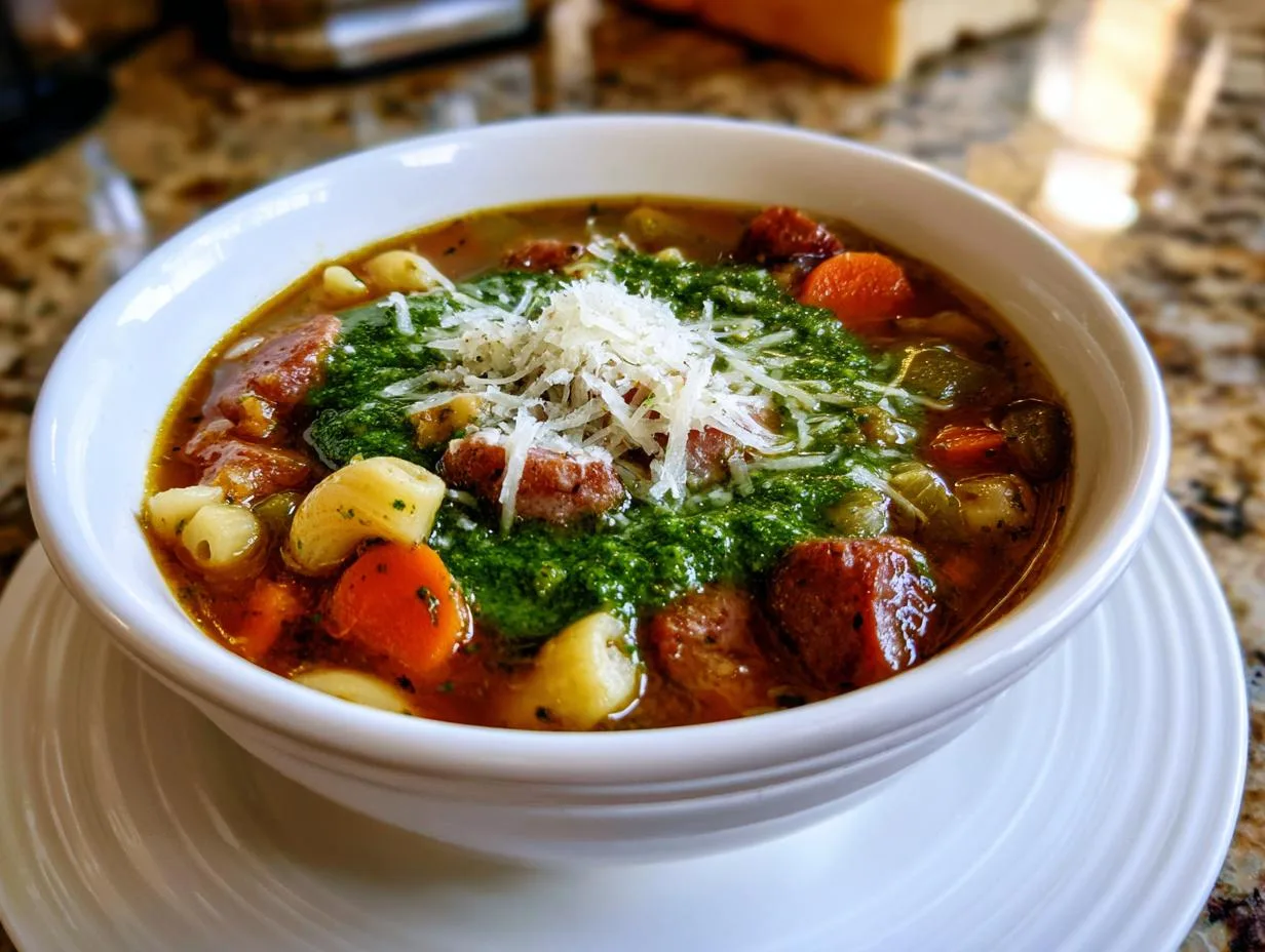 Heartwarming Minestrone with Sausage and Pesto Recipe