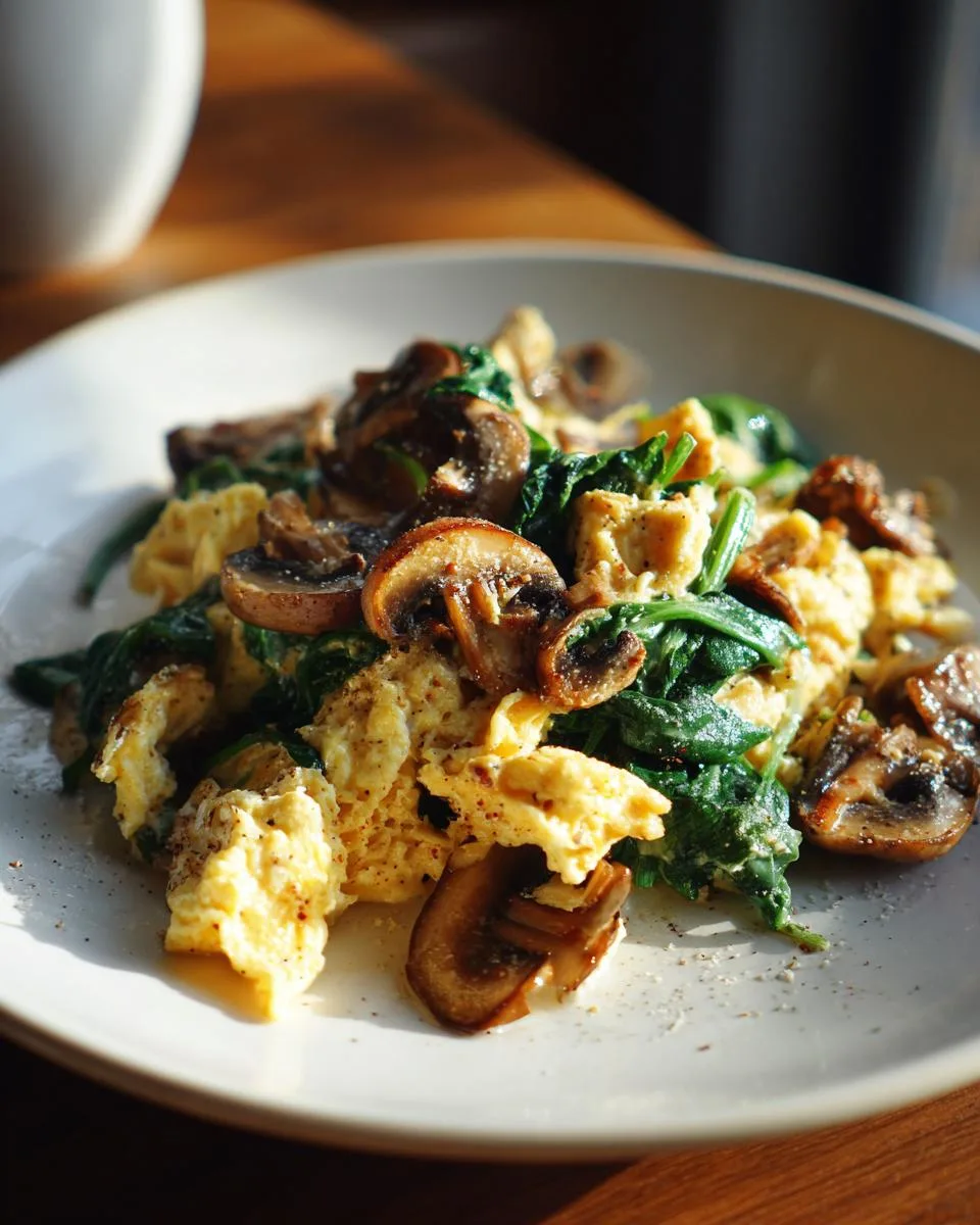 mushroom spinach scrambled eggs - detail 3