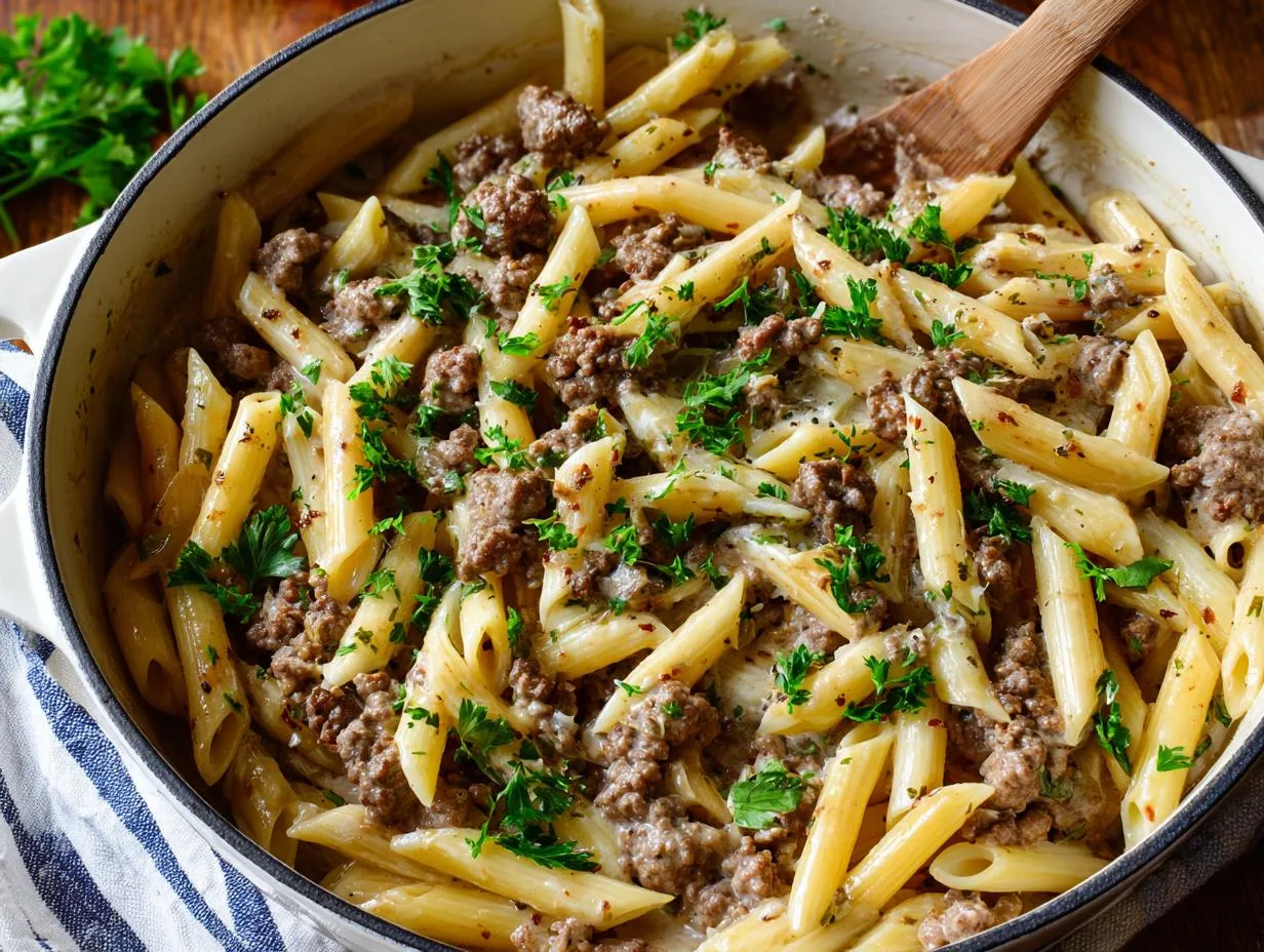 30-Minute One Pot Creamy Beef Garlic Pasta That Melts Hearts