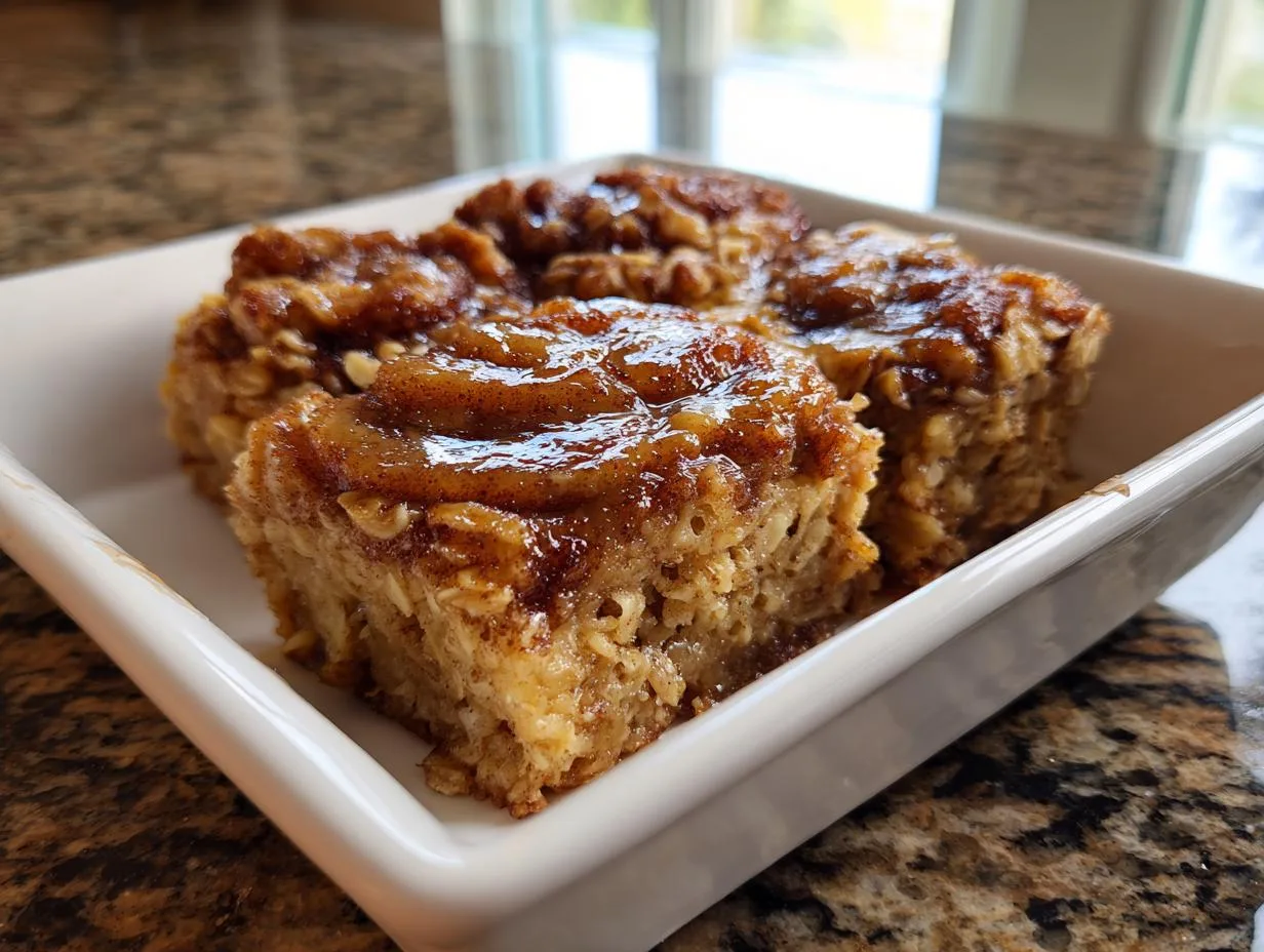 Cinnamon roll baked oatmeal squares that melt your heart